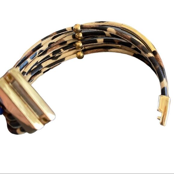 Leopard Print Faux Leather Multi Row Magnetic Cuff Bracelet - Picture 4 of 8